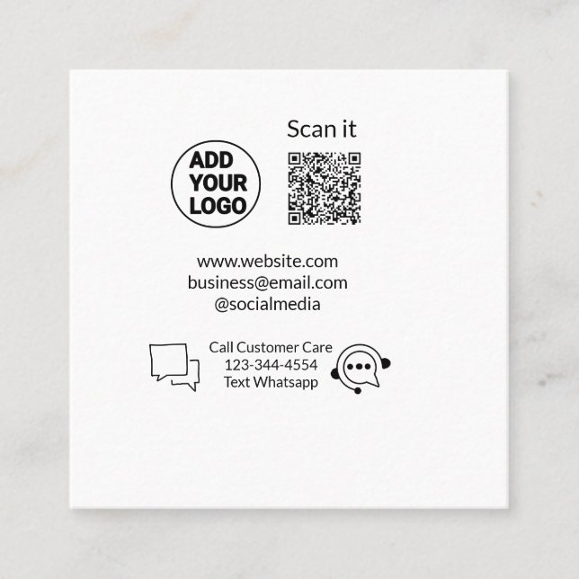 Carte De Visite Carré Appeler le texte du service client whatsapp Q R co (Devant)