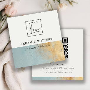 Carte De Visite Carré Aqua Blue Gold Paint Texture Logo QR Code