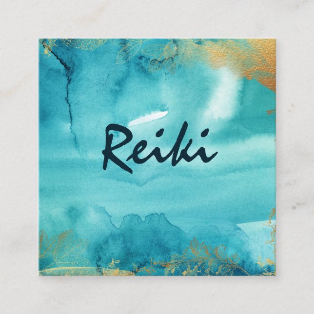 Carte De Visite Carré *~* Aqua Floral Gold Healer Reiki Energy (Devant)