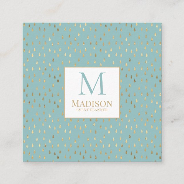 Carte De Visite Carré Aqua Gold Raindrop Moderne Monogramme tendance (Devant)