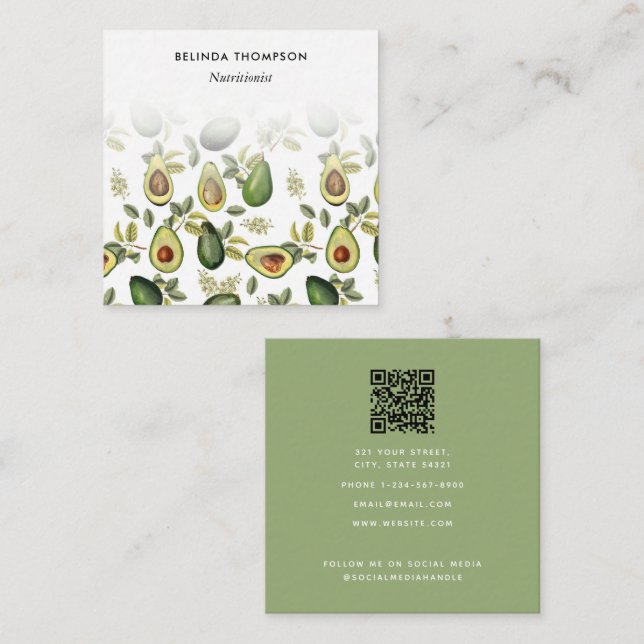 Carte De Visite Carré Aquarelle Avocado nutritionniste diététicienne QR  (Devant / Derrière)