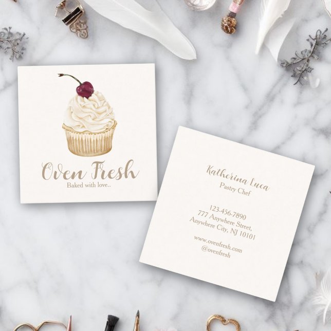 Carte De Visite Carré Aquarelle beige Blush Boulangerie Cupcake (Créateur téléchargé)