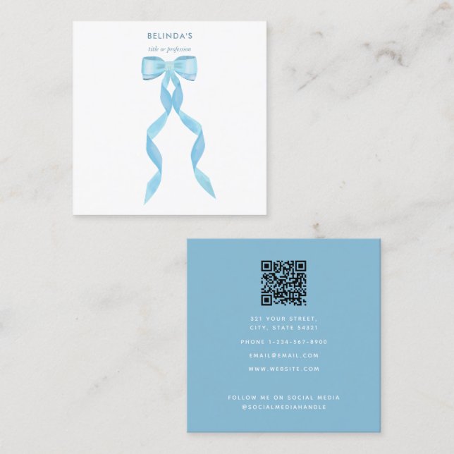 Carte De Visite Carré Aquarelle Bleu Bow QR Code Fantastique Médias soci (Devant / Derrière)