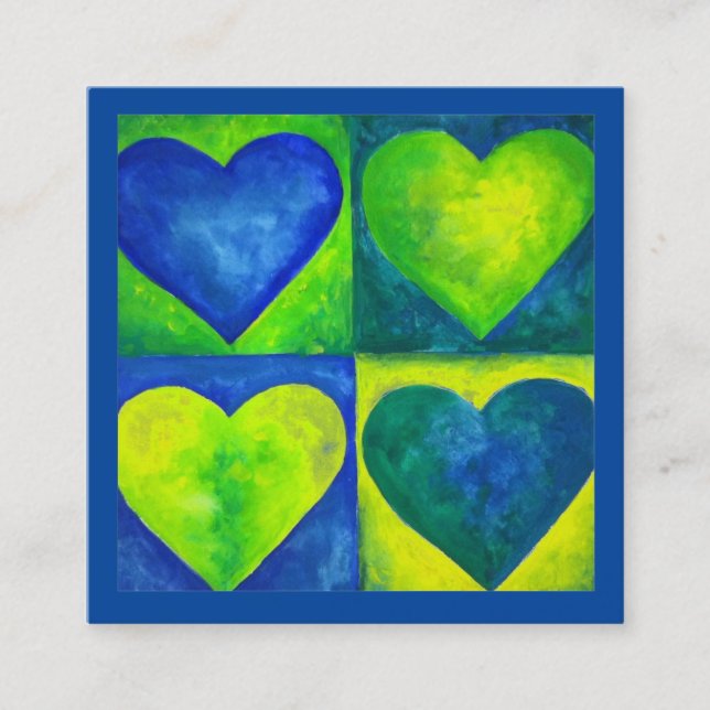 Carte De Visite Carré Aquarelle bleu vert peint Coeur Art Amour (Devant)