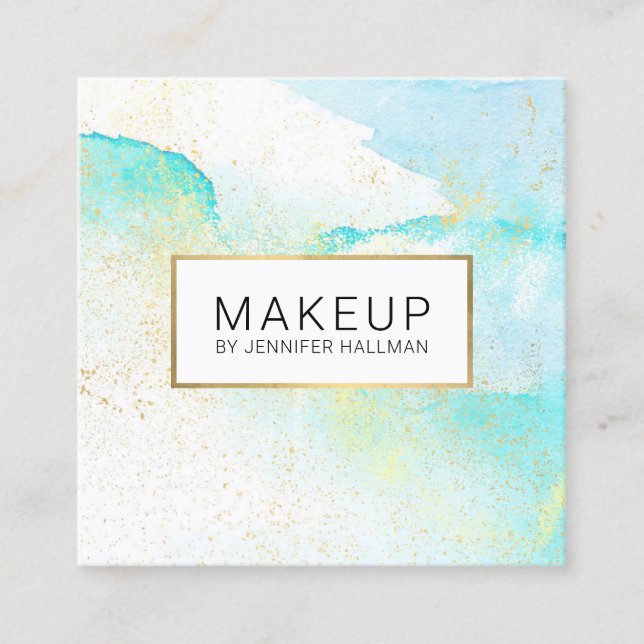 Carte De Visite Carré Aquarelle bleue Turquoise Abstraite Faux Gold Dust (Devant)