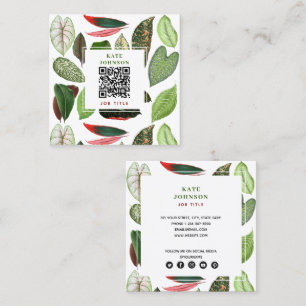 Carte De Visite Carré Aquarelle botanique Vert Feuille QR Code