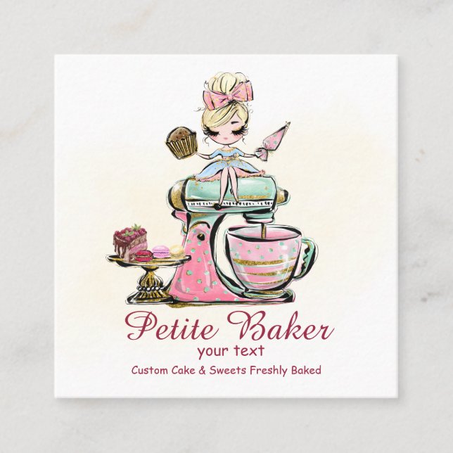 Carte De Visite Carré Aquarelle Boulangerie Mixer Pâtisserie Sucres Gâte (Devant)