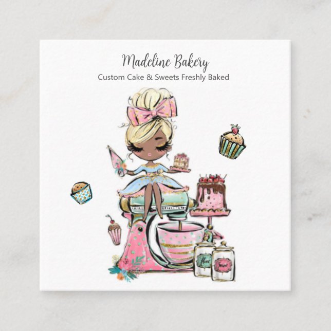 Carte De Visite Carré Aquarelle Boulangerie Mixer Pâtisserie Sucres Gâte (Devant)