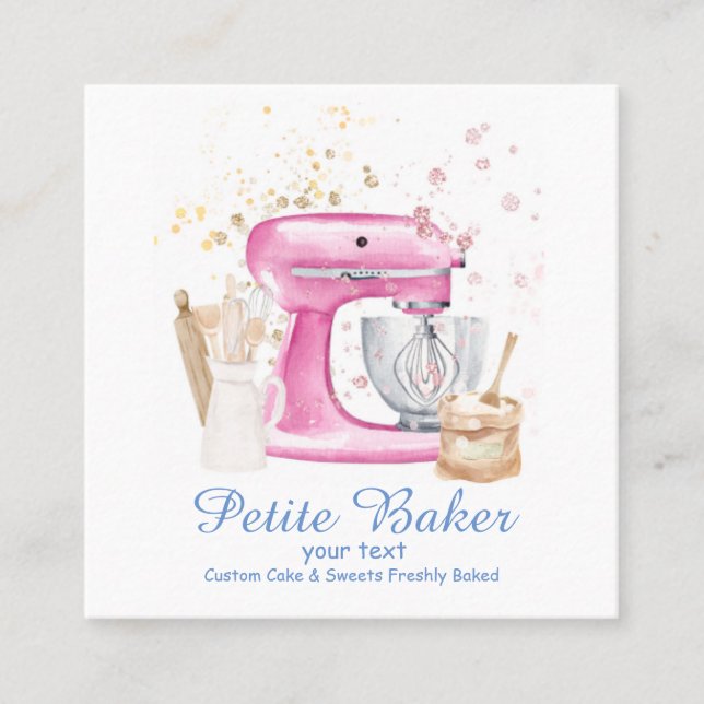 Carte De Visite Carré Aquarelle Boulangerie Mixer Pâtisserie Sucres Gâte (Devant)