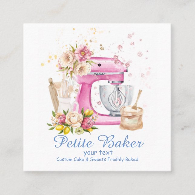 Carte De Visite Carré Aquarelle Boulangerie Mixer Pâtisserie Sucres Gâte (Devant)