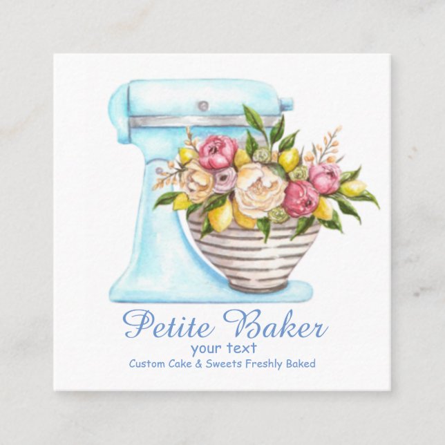 Carte De Visite Carré Aquarelle Boulangerie Mixer Pâtisserie Sucres Gâte (Devant)