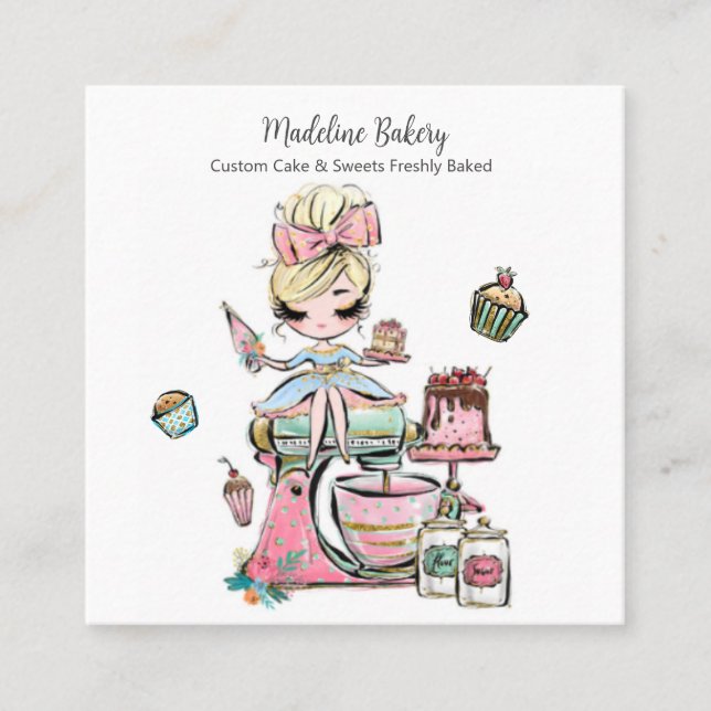 Carte De Visite Carré Aquarelle Boulangerie Mixer Pâtisserie Sucres Gâte (Devant)
