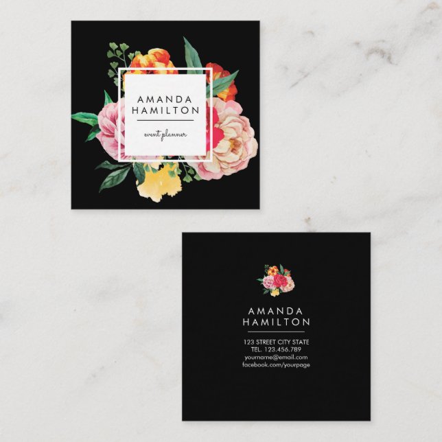 Carte De Visite Carré Aquarelle classique moderne Peony Floral NOIR (Devant / Derrière)