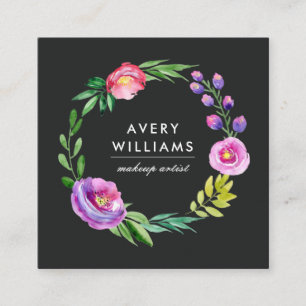 Carte De Visite Carré Aquarelle colorée en gras Fleur Wreath   Noir