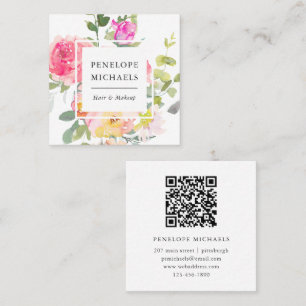 Carte De Visite Carré Aquarelle colorée Floral QR Code Blanc