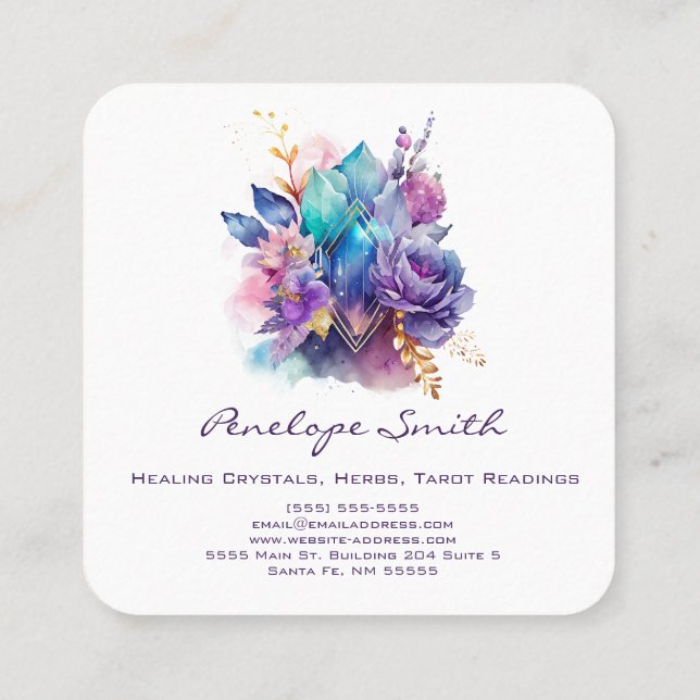 Carte De Visite Carré Aquarelle cristaux et fleurs géométriques (Dos)