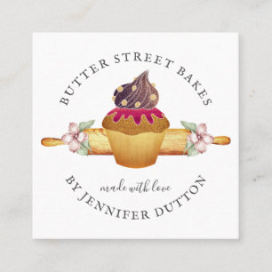 Carte De Visite Carré Aquarelle Cupcake Rolling Pin Baker Chef pâtisseri