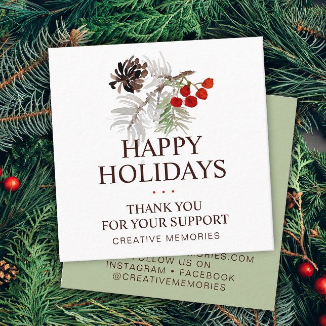 Carte De Visite Carré Aquarelle de Noël Merci vert (Christmas Watercolor Greenery Thank You Square Business Card)