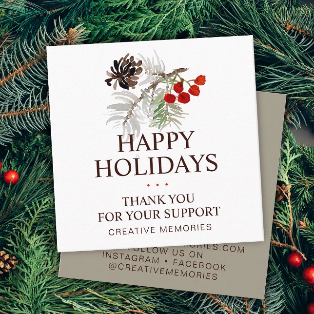 Carte De Visite Carré Aquarelle de Noël Merci vert (Christmas Watercolor Greenery Thank You Square Business Card)