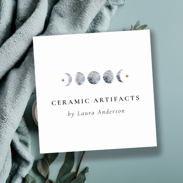 Carte De Visite Carré Aquarelle de phase de lune céleste grise simple (Créateur téléchargé)
