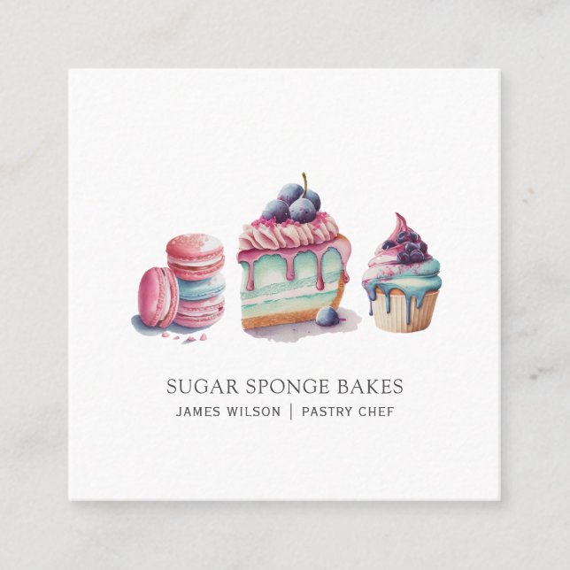 Carte De Visite Carré Aquarelle Desserts Pâtisserie Chef Baker (Devant)