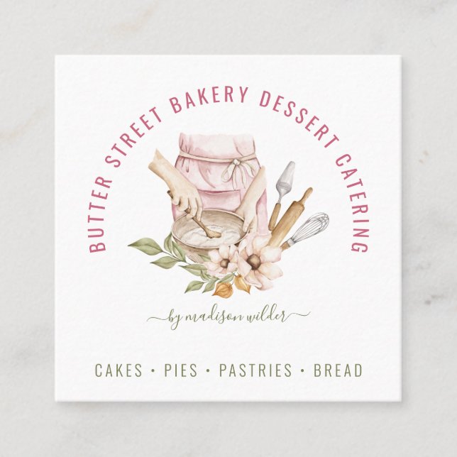 Carte De Visite Carré Aquarelle du chef pâtissier Baker (Devant)