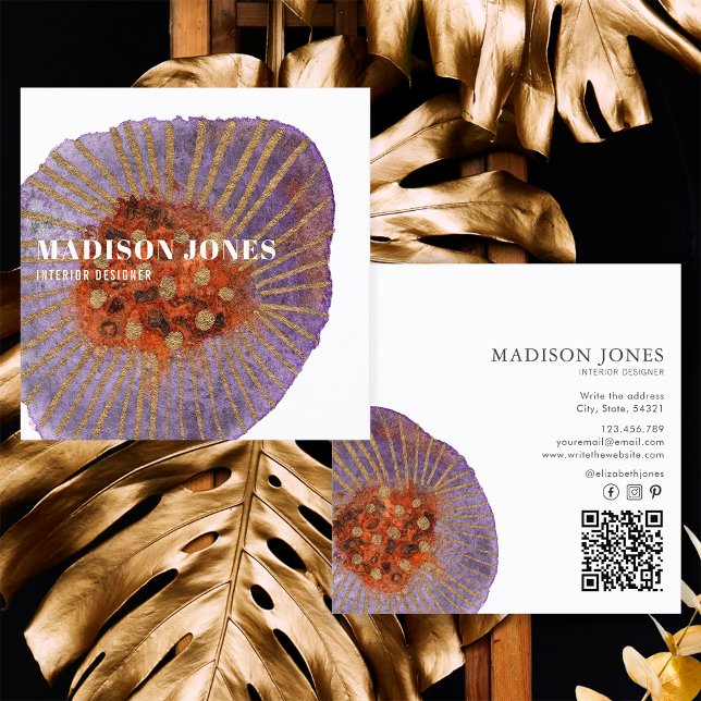 Carte De Visite Carré Aquarelle en or en terre cuite Designer d'intérieu (Front and Back)