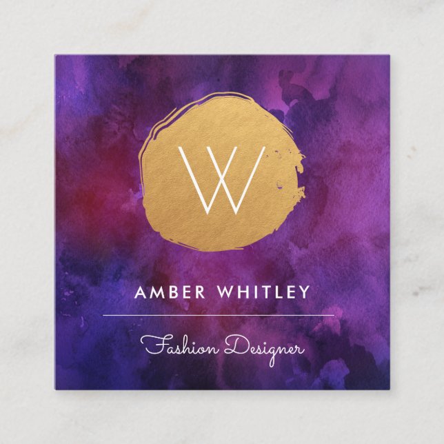 Carte De Visite Carré Aquarelle et Faux Gold Foil Circle | Violet profon (Devant)