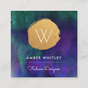 Carte De Visite Carré Aquarelle et Faux Gold Foil Circle   Violet Turquo