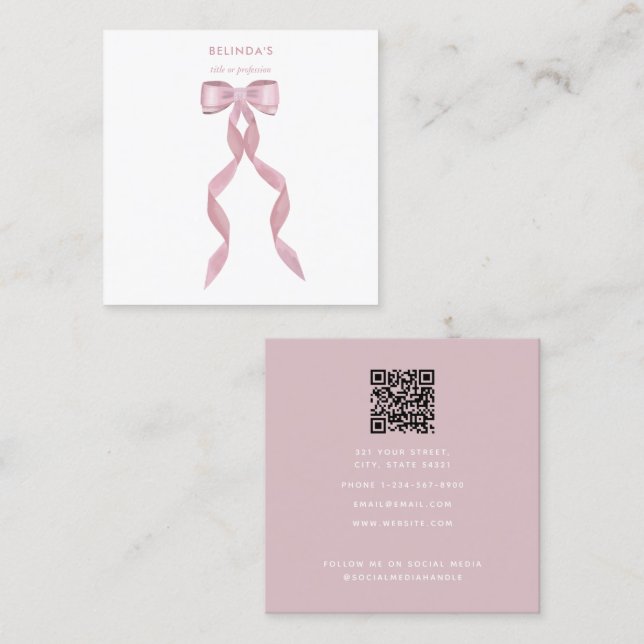 Carte De Visite Carré Aquarelle fantaisie Bow rose QR Code Médias sociau (Devant / Derrière)