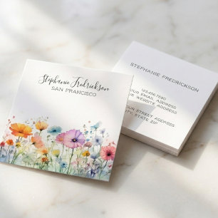 Carte De Visite Carré Aquarelle Fleur Sauvage Calligraphie Élégante