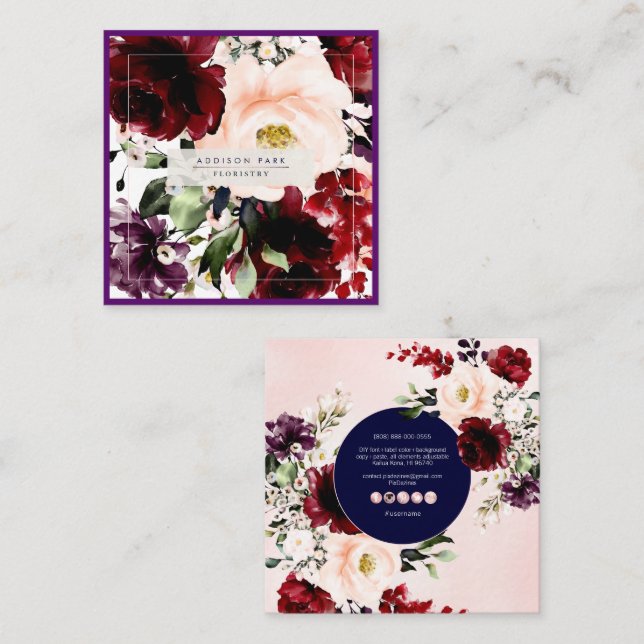 Carte De Visite Carré Aquarelle Fleurs Bourgogne Merlot Blush (Devant / Derrière)