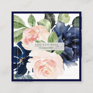 Carte De Visite Carré Aquarelle Fleurs Dusty Marine Bleu Blush