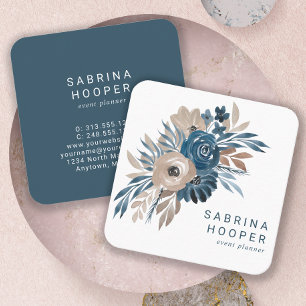 Carte De Visite Carré Aquarelle Floral Indigo Beige Coins Arrondis