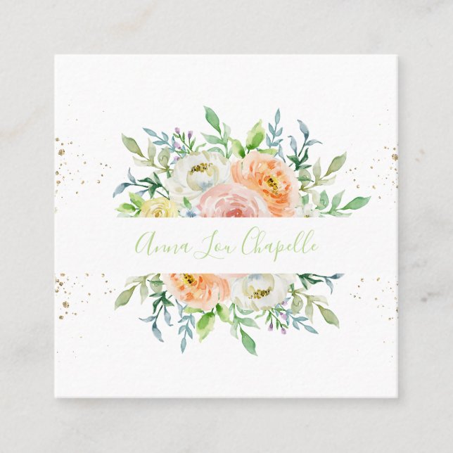 Carte De Visite Carré Aquarelle florale blush et vert (Devant)