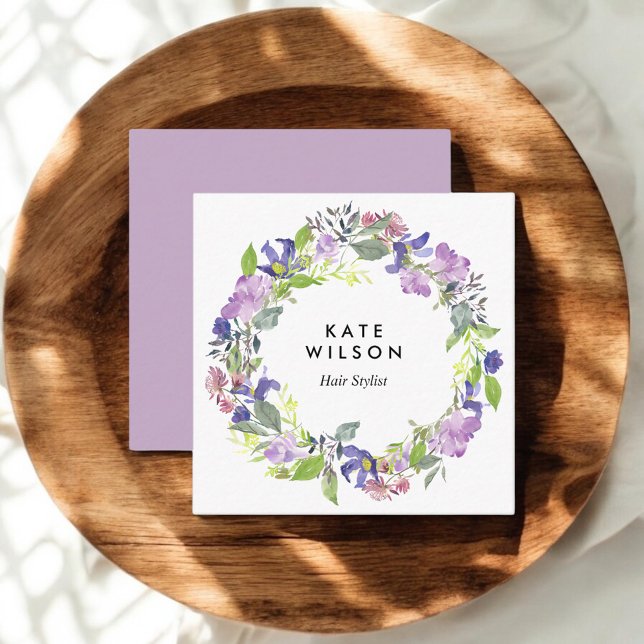 Carte De Visite Carré Aquarelle Florale Courbe bleu violet Fleur (Créateur téléchargé)