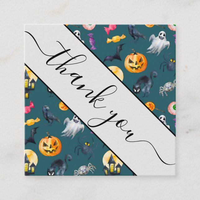 Carte De Visite Carré Aquarelle Halloween Monstres Merci client (Devant)