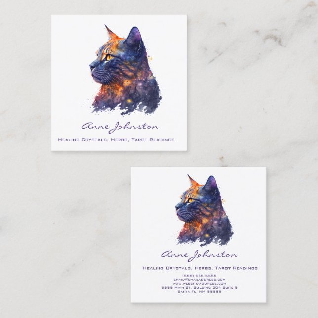 Carte De Visite Carré Aquarelle Kitty dans les violons et l'orange (Devant / Derrière)