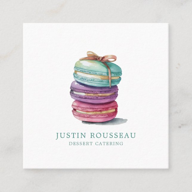 Carte De Visite Carré Aquarelle Macaron Baker Chef pâtissier (Devant)