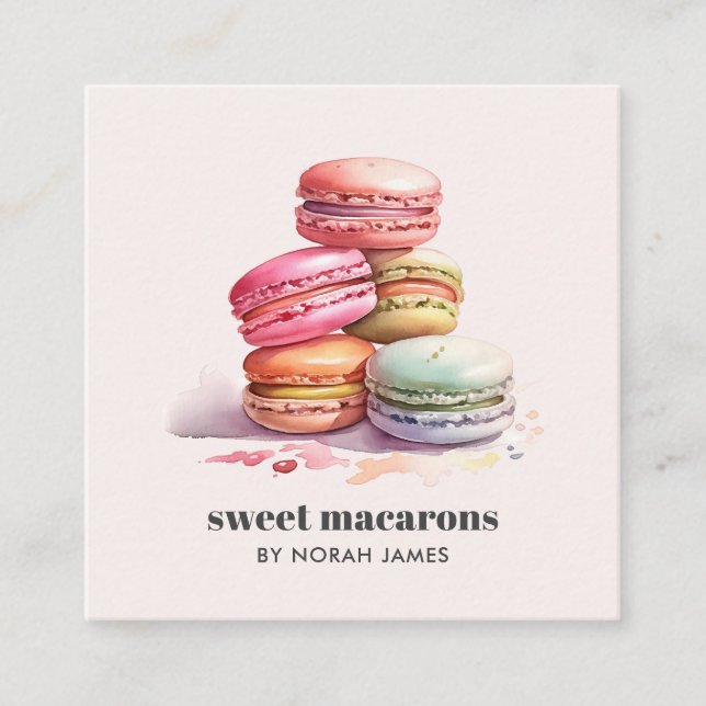 Carte De Visite Carré Aquarelle Macarons gâteau doux Icône sociale QR CO (Devant)