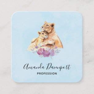 Carte De Visite Carré Aquarelle mignonne Mère Lion & Cub