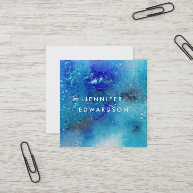 Carte De Visite Carré Aquarelle moderne bleu turquoise splatter professi (Devant/Arrière en situation)