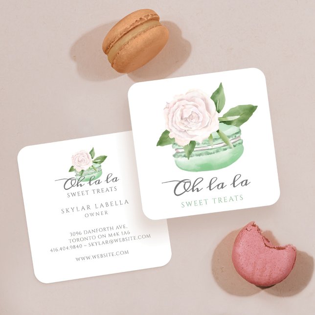 Carte De Visite Carré Aquarelle Monnaie Florale Macaron Boulangerie & su (Créateur téléchargé)