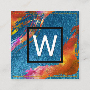 Carte De Visite Carré Aquarelle Monogramme Brossé Texture Bleue
