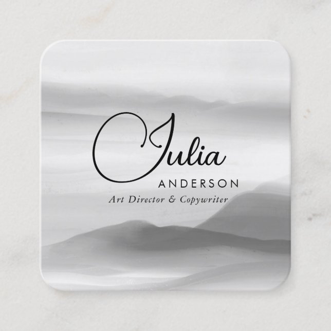 Carte De Visite Carré Aquarelle noire et blanche chic Script Abstrait (Devant)