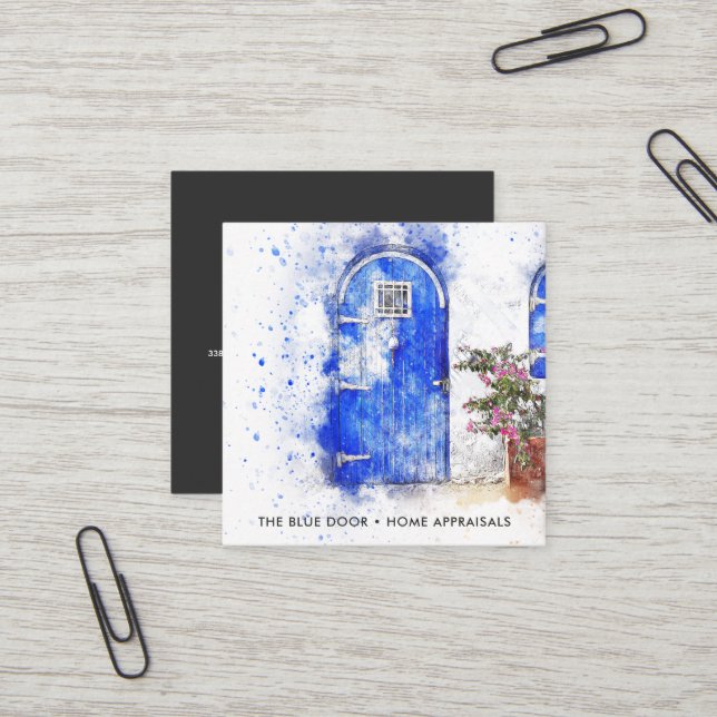 Carte De Visite Carré Aquarelle Porte Bleue Apprresseur Immobilier (Devant/Arrière en situation)
