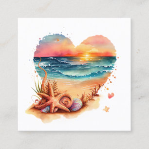 Carte De Visite Carré Aquarelle Retro Beach Heart