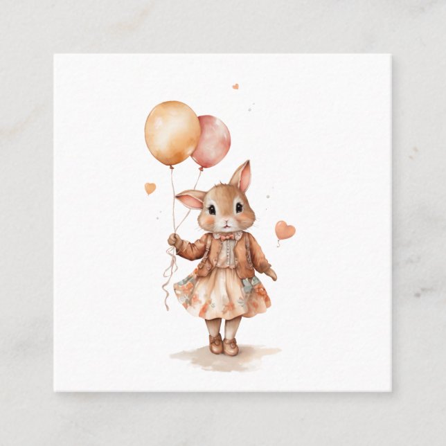 Carte De Visite Carré Aquarelle rétro Petite fille lapin avec ballons (Devant)
