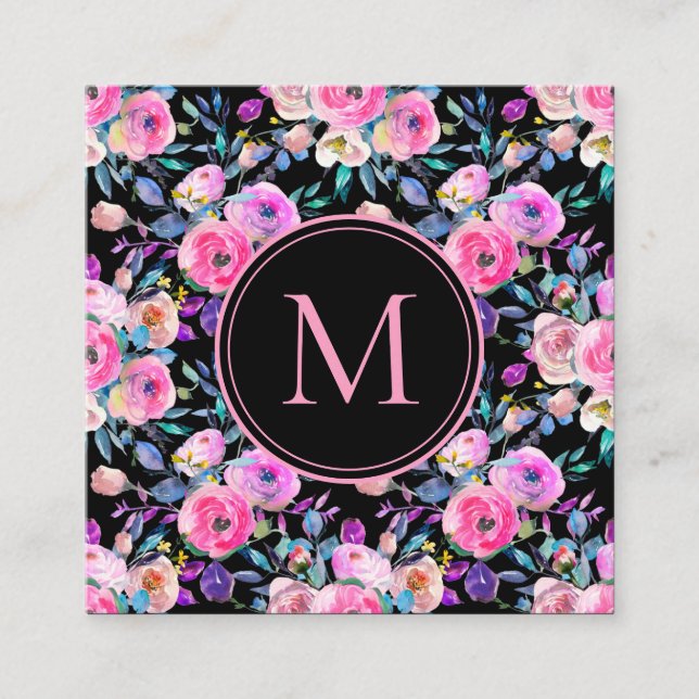 Carte De Visite Carré Aquarelle rose florale Monogramme (Devant)