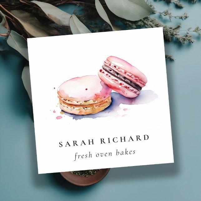 Carte De Visite Carré Aquarelle rose pâle Doux Français Macarons boulang (Créateur téléchargé)